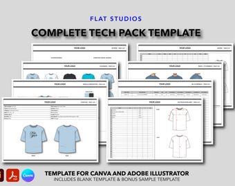 Fashion Tech Pack Template | 8-Page Editable Tech Pack for Clothing Design | Adobe Illustrator File + Canva PDF | Digital Download