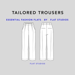 Può includere: Illustrazione di disegno a linea di pantaloni sartoriali con pieghe e una tasca posteriore. L'illustrazione è in bianco e nero ed è etichettata "Tailored Trousers" e "Essential Fashion Flats by Flat Studios".