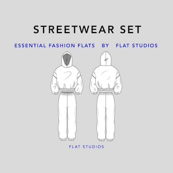 Streetwear Set - unisex hoodie & sweatpants, vector CAD, technical drawing, digital download, fashion flat sketch for Adobe Illustrator