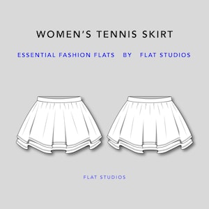 May include: A white tennis skirt design, with a layered, flared silhouette. The image features two identical skirt illustrations, set against a light gray background. Text at the top reads "WOMEN'S TENNIS SKIRT". Below, it says "ESSENTIAL FASHION FLATS BY FLAT STUDIOS".