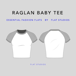 May include: A white raglan baby tee with grey sleeves. The tee has a crew neck and short sleeves. The text "RAGLAN BABY TEE" is at the top of the image and the text "ESSENTIAL FASHION FLATS BY FLAT STUDIOS" is below it. The text "FLAT STUDIOS" is at the bottom of the image.