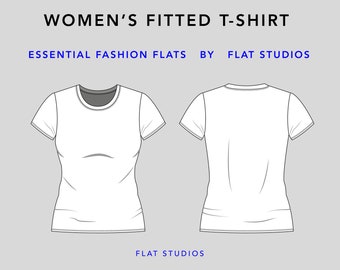 Puede incluir: Una camiseta blanca ajustada de manga corta. Se muestran las vistas frontal y posterior de la camiseta.  "WOMEN'S FITTED T-SHIRT" y "ESSENTIAL FASHION FLATS BY FLAT STUDIOS" están escritos encima de la imagen. "FLAT STUDIOS" está escrito debajo de la imagen.