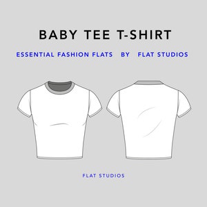 May include: A white baby tee t-shirt with a crew neck and short sleeves. The t-shirt is cropped and has a slightly fitted silhouette.  "BABY TEE T-SHIRT ESSENTIAL FASHION FLATS BY FLAT STUDIOS" is written in black text at the top of the image. "FLAT STUDIOS" is written in blue text at the bottom of the image.