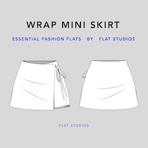 May include: A white wrap mini skirt with a tie detail on the side. The skirt is shown in a flat lay illustration. The text "WRAP MINI SKIRT" and "ESSENTIAL FASHION FLATS BY FLAT STUDIOS" is shown above the skirt. The text "FLAT STUDIOS" is shown below the skirt.
