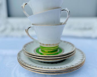 Zestaw do herbaty Vintage Roslyn China Trio: biały, złoty i zielony