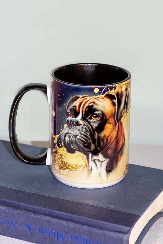 Life is better with dogs premium colored handle 15 oz boxer mug.