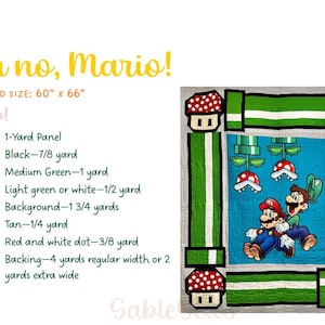 Może przedstawiać: Wzór kołdry z postaciami Mario i Luigi z gry wideo Super Mario Bros. Kołdra wykonana jest z niebieskim tłem, zielono-białymi paskami i czerwonymi i białymi kropkowanymi grzybami. Gotowy rozmiar kołdry to 152,4 cm na 167,6 cm.