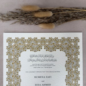 A4 Premium personalisiertes Nikkah-Zertifikat | Muslimischer Ehevertrag | Nikah Nama | Islamische Heiratsurkunde | Sara - Gelbgold
