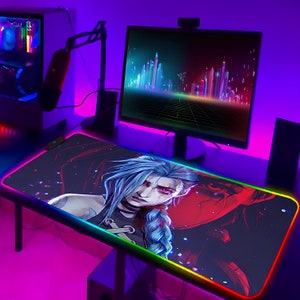 Arcane League of Legends Mauspad, Gaming Schreibtischmatte RGB LED, Arcane RGB Mousepad, Jinx Mousepad