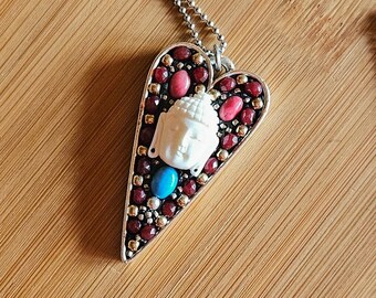 Ruby Buddha Face Pendant Necklace: Handmade Silver Plated Charm