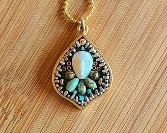 Turquoise Moon Face Pendant Necklace: Handmade Gold Plated Jewelry