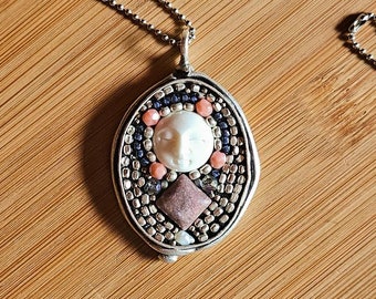 Gemstone Moon Face Pendant: Handmade Silver Plated Necklace