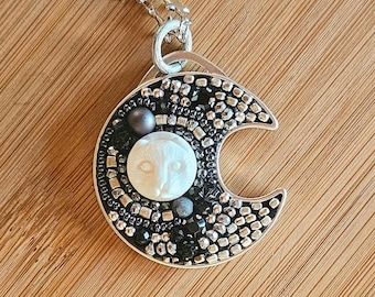 Silver Cat Moon Pendant: Hematite Celestial Amulet