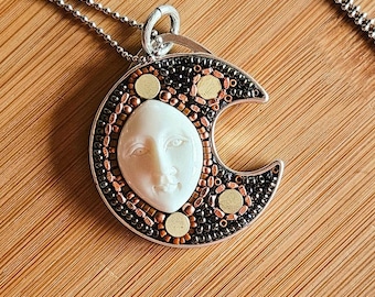 Handmade Moon Face Pendant: Gemstone Necklace, Stainless Steel Chain