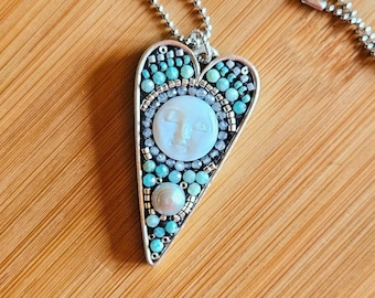Pearl Moon Face Pendant: Amazonite & Moonstone Necklace