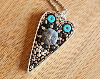 Handmade Moon Face Pendant: Garnet & Turquoise Silver Necklace