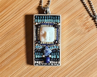 Handmade Gemstone Moon Face Pendant: Lapis, Garnet & Silver Necklace
