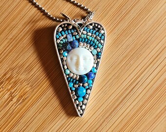 Gemstone Moon Face Pendant Necklace: Handmade Beaded Silver Plated Chain