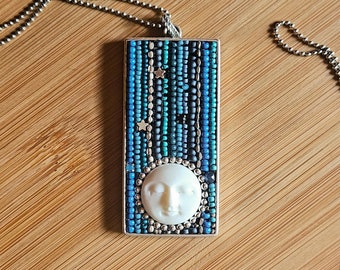 Handmade Moon Face Pendant Necklace: Silver Plated Zinc Alloy, Gemstone Accent
