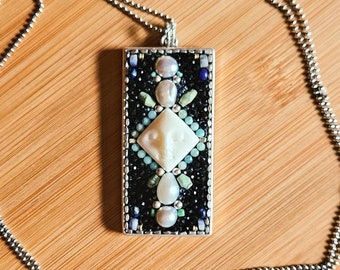 Handmade Moon Face Pendant Necklace: Pearl, Sodalite, Lapis