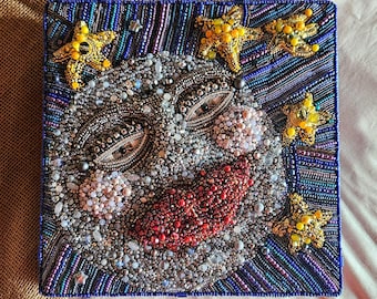 Beaded Moon Face Wall Sculpture: Celestial Mosaic Art