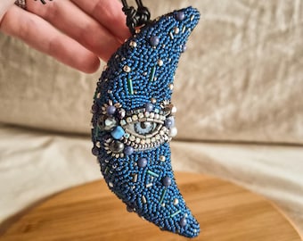 Handmade Beaded Evil Eye Moon Ornament, Evil Eye Talisman