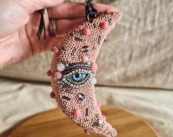 Handmade Beaded Evil Eye Moon Ornament, Evil Eye Talisman