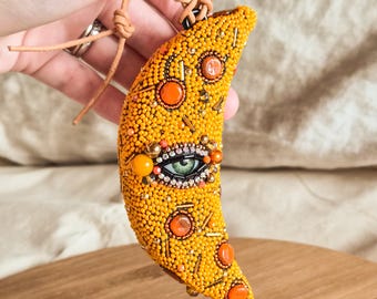 Handmade Beaded Evil Eye Moon Ornament, Evil Eye Hanging Talisman