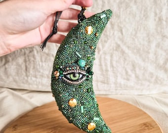 Handmade Beaded Evil Eye Moon Ornament: Czech Glass Beads