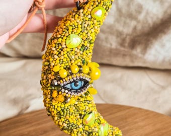 Handmade Beaded Evil Eye Moon Ornament, Evil Eye Hanging Talisman
