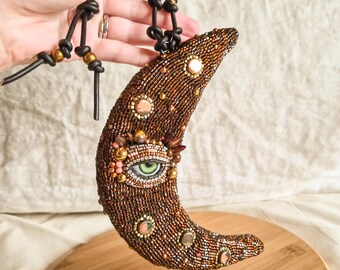 Handmade Beaded Evil Eye Moon Ornament: Vintage Czech Beads