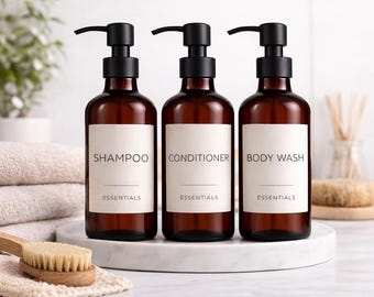 アンバーソープディスペンサーセット：シャンプー、コンディショナー、ボディウォッシュ用ボトル各500ml×3本