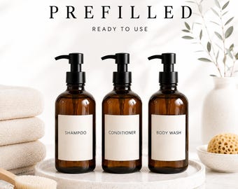 Amber Soap Dispenser Set: 3 x 500ml Shampoo, Conditioner, Body Wash Bottles PREFILLED with luscious soap READY TO Use whit Waterproof Labels