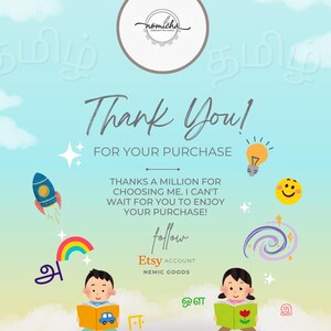 May include: A digital graphic with a light blue background and the words "Thank You!" in a script font. The image includes a rocket ship, rainbow, lightbulb, smiley face, and children reading books. The Etsy account name "NEMIC GOODS" is also displayed.