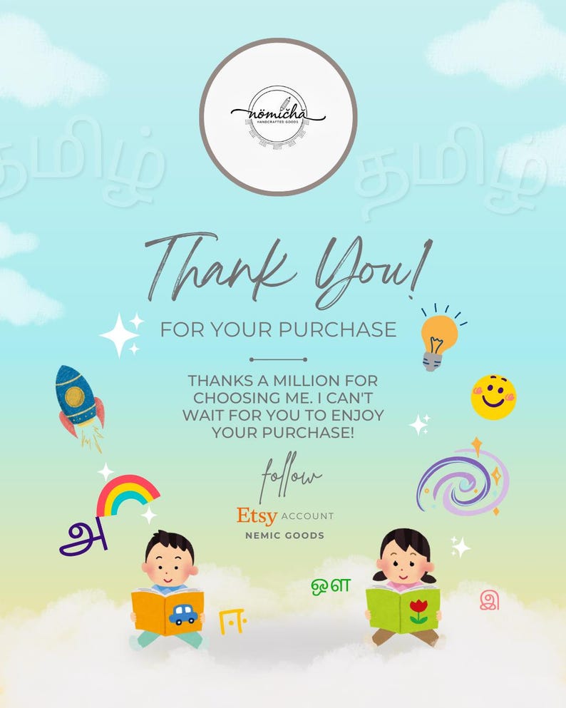 May include: A digital graphic with a light blue background and the words "Thank You!" in a script font. The image includes a rocket ship, rainbow, lightbulb, smiley face, and children reading books. The Etsy account name "NEMIC GOODS" is also displayed.