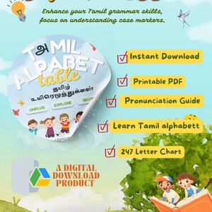 May include: A digital product advertisement for learning Tamil. The design features a circular graphic with Tamil alphabet text, and the text "Enhance your Tamil grammar skills, focus on understanding case markers." Also includes "Instant Download" and "Printable PDF."