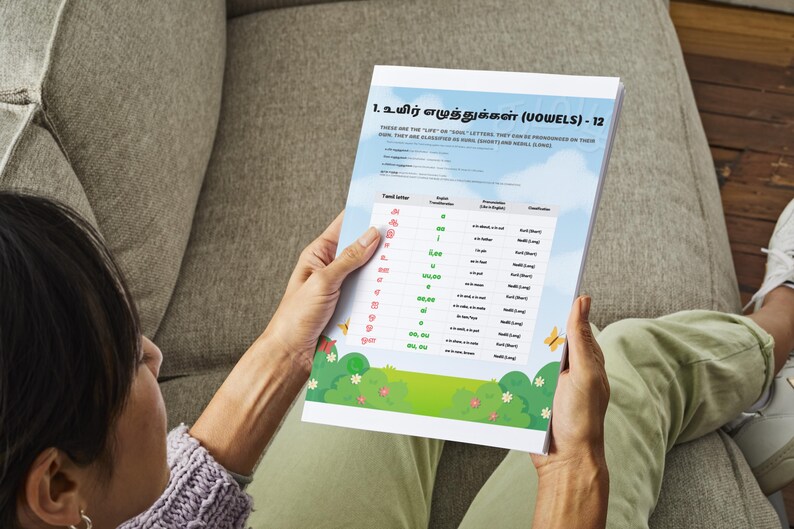 May include: A person is holding a white paper with text in a foreign language. The paper has a blue sky background with green grass and flowers at the bottom. The text includes the word "VOWELS".
