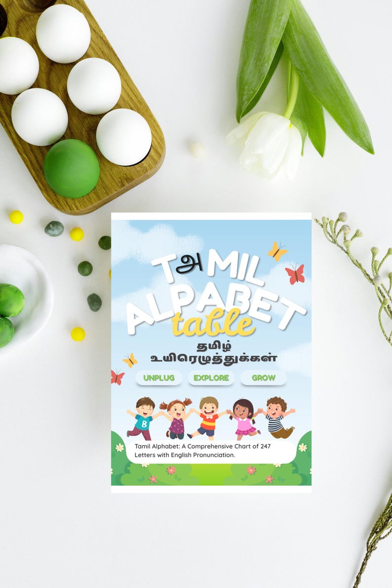 May include: A colorful educational chart titled "TAMIL ALPHABET" with the text "Tamil Alphabet: A Comprehensive Chart of 247 Letters with English Pronunciation." The chart features illustrations of children and butterflies.