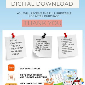 May include: Digital download instructions on a light blue background. The image includes the Etsy logo, a shopping cart icon, and text that reads "Digital Download" and "Thank You." It also shows how to download files after purchase.