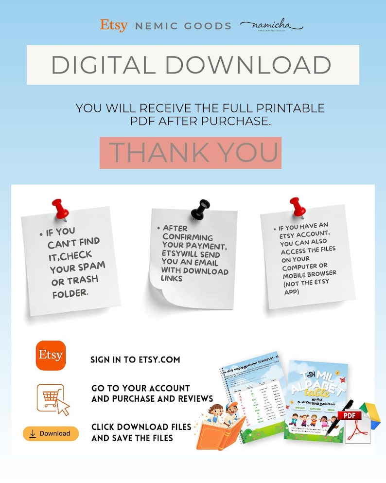 May include: Digital download instructions on a light blue background. The image includes the Etsy logo, a shopping cart icon, and text that reads "Digital Download" and "Thank You." It also shows how to download files after purchase.