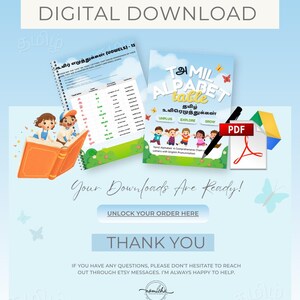 May include: Digital download featuring Tamil alphabet charts. The image includes a PDF icon, a pen, and illustrations of children. Text includes "Digital Download," "Tamil Alphabet Table," and "Your Downloads Are Ready!"