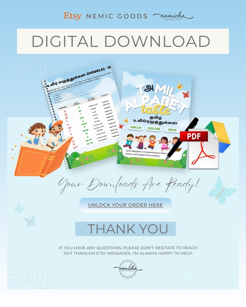 May include: Digital download featuring Tamil alphabet charts. The image includes a PDF icon, a pen, and illustrations of children. Text includes "Digital Download," "Tamil Alphabet Table," and "Your Downloads Are Ready!"