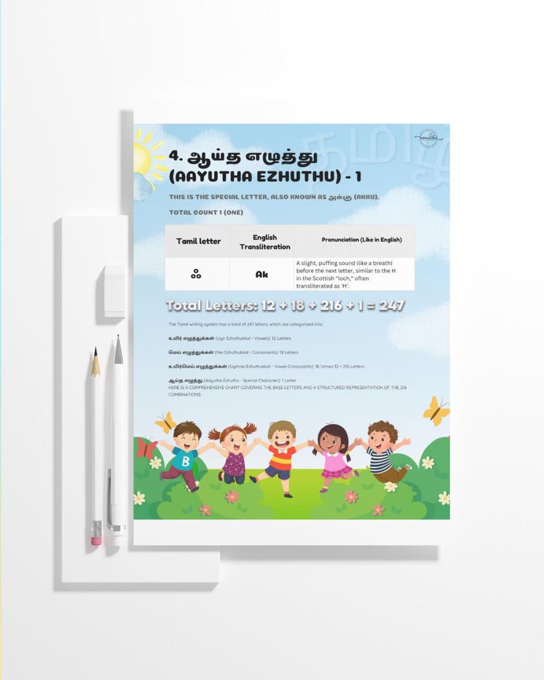 May include: A white educational poster with Tamil script and English transliteration. The poster includes the text "Aayutha Ezhuthu" and features a colorful illustration of children. Two pencils and an eraser are on the left.