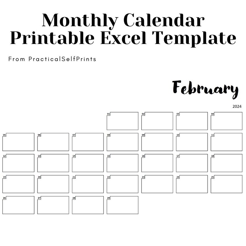 Printable Monthly Calendar Excel Spreadsheet Template Digital Download Etsy
