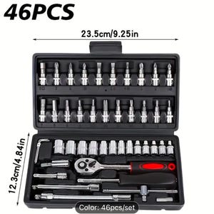 May include: A black plastic case containing a 46-piece socket set. The set includes a variety of sockets, a wrench, and a screwdriver. The case measures 23.5 cm by 12.3 cm.