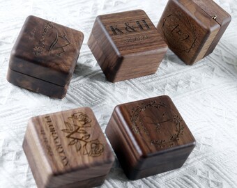 Square Double Ring Box - Engraved Wood Ring Bearer Box for Wedding Ceremony, Proposal or Engagement Ring Box Gift, Storage for 2 Rings