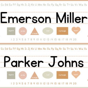 May include: A printable worksheet featuring the names Emerson Miller and Parker Johns written in black text. The worksheet includes a number line from 1 to 20 and various shapes, including a square, circle, triangle, oval, rectangle, and heart.