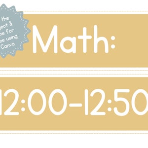 K&ouml;nnte beinhalten: Ein gelbes Rechteck mit abgerundeten Ecken und einem wei&szlig;en Umriss. Der Text "Math:" ist in Wei&szlig; auf dem oberen Rechteck. Das untere Rechteck enth&auml;lt den Text "12:00-12:50" in Wei&szlig;.