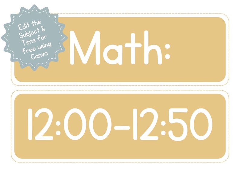 K&ouml;nnte beinhalten: Ein gelbes Rechteck mit abgerundeten Ecken und einem wei&szlig;en Umriss. Der Text "Math:" ist in Wei&szlig; auf dem oberen Rechteck. Das untere Rechteck enth&auml;lt den Text "12:00-12:50" in Wei&szlig;.