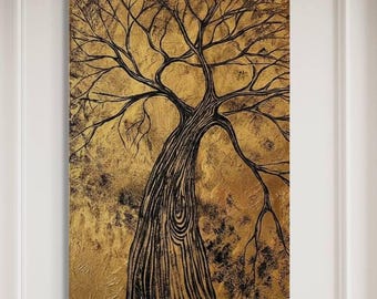 Cuadro de árbol dorado con textura, lienzo del árbol de la vida en negro y dorado, decoración de pared abstracta 3D de gran tamaño, arte moderno de lujo para sala de estar.